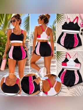 TCEC Black Athletic Sports Bra & Short Set with Pink and Light Pink Accents